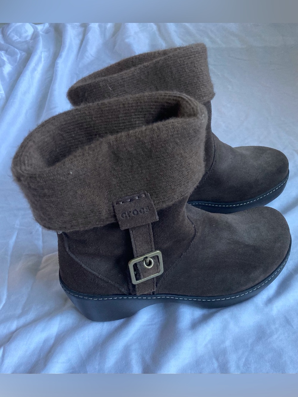 Crocs Cobbler Fold Over Suede Ankle Boots Chocolate Brn Wedge Comfort BoHo W9 EU